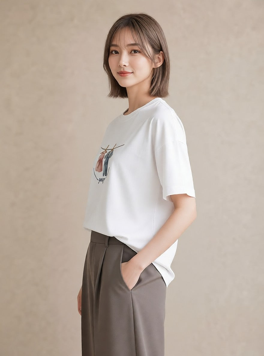 プリントTシャツ レディース 洗濯物 風 ナチュラル アンティーク イラスト 個性的 デイリーウェア 休日 白T YMAZO