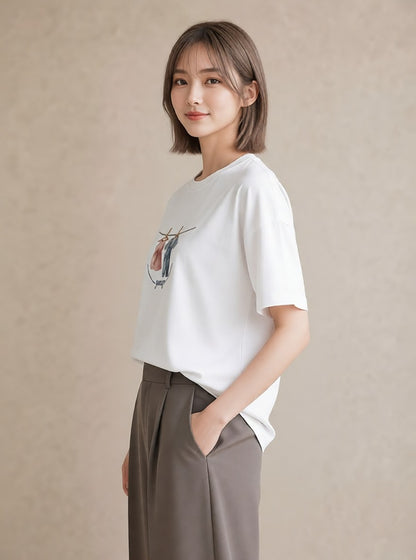 プリントTシャツ レディース 洗濯物 風 ナチュラル アンティーク イラスト 個性的 デイリーウェア 休日 白T YMAZO