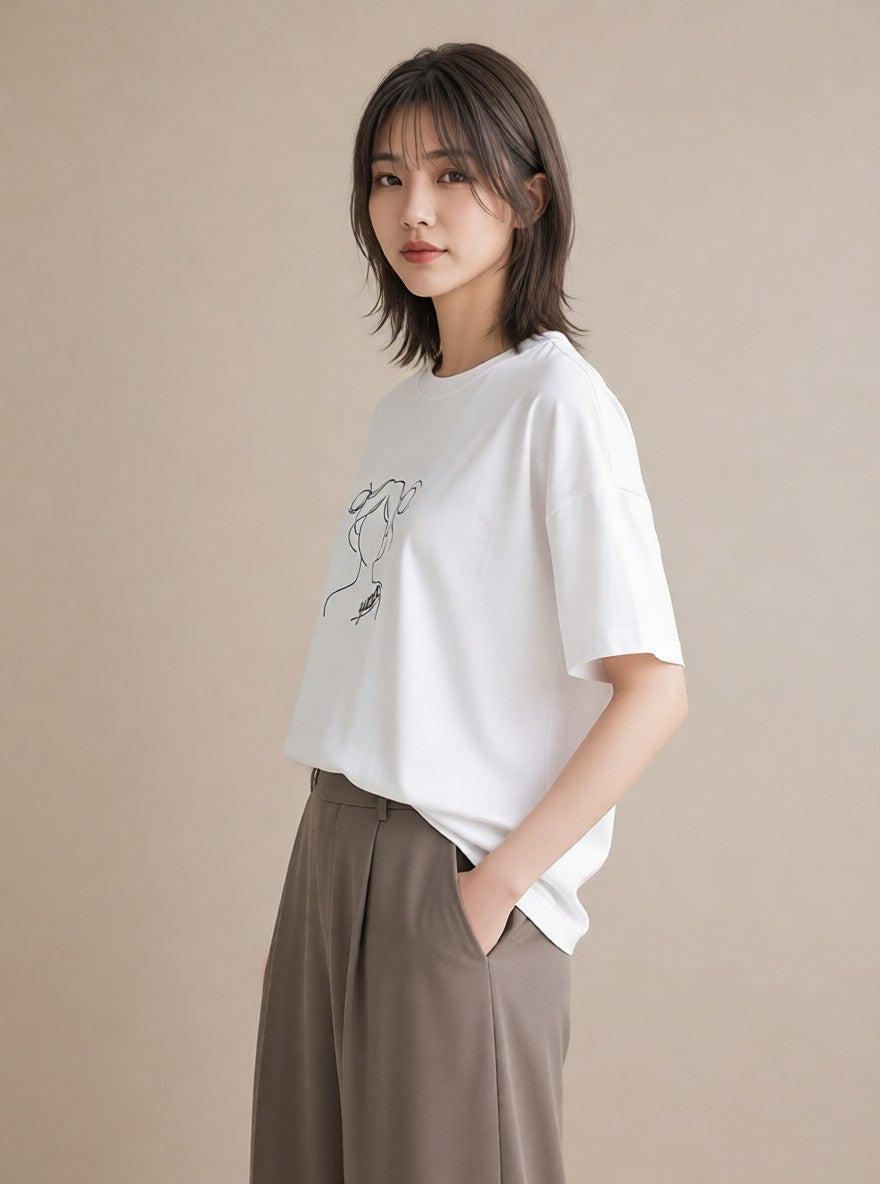 デザインTシャツ レディース 女の子 ガール 後ろ姿 イラスト こなれ感 旅行用 海 白T YMAZO