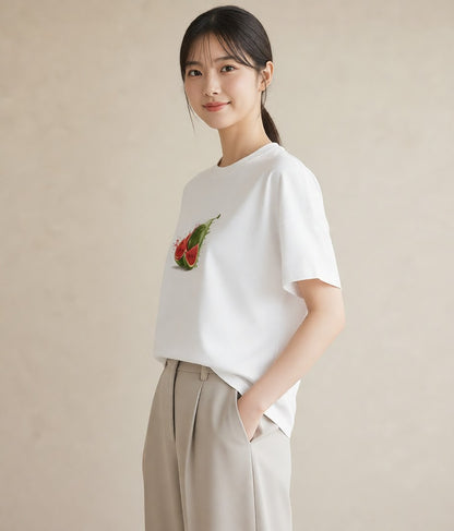 プリントTシャツ レディース すいか 食べ物 フード イラスト 韓国風 母娘コーデ 自分用 白T YMAZO