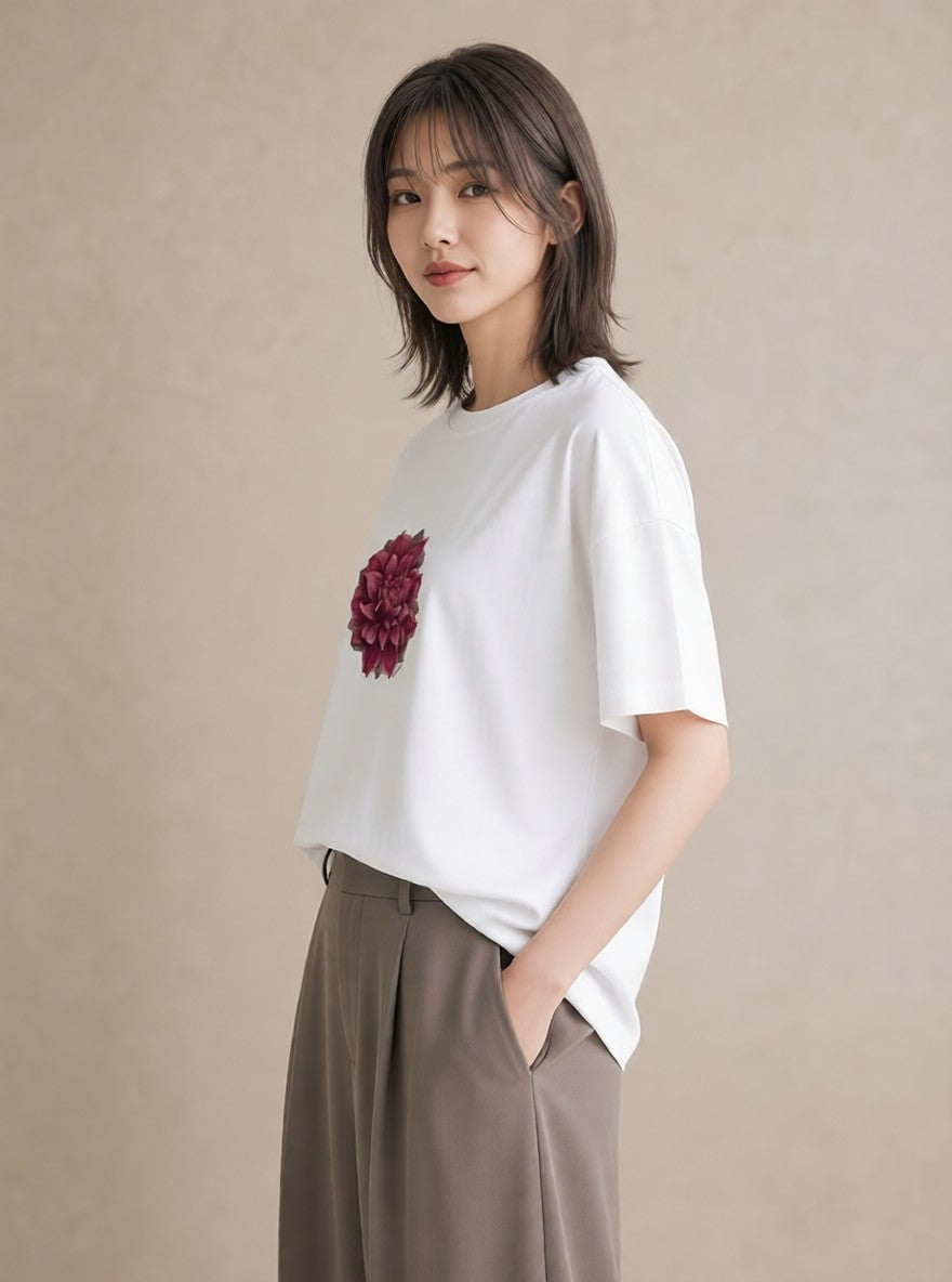 プリントTシャツ レディース 椿 花 花柄 イラスト レトロ ラフ レイヤード 白T YMAZO