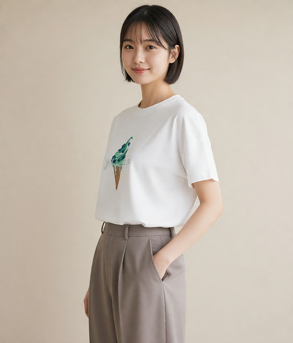 デザインTシャツ レディース アイス 食べ物 フード イラスト 可愛い レイヤード 友達ギフト 白T YMAZO