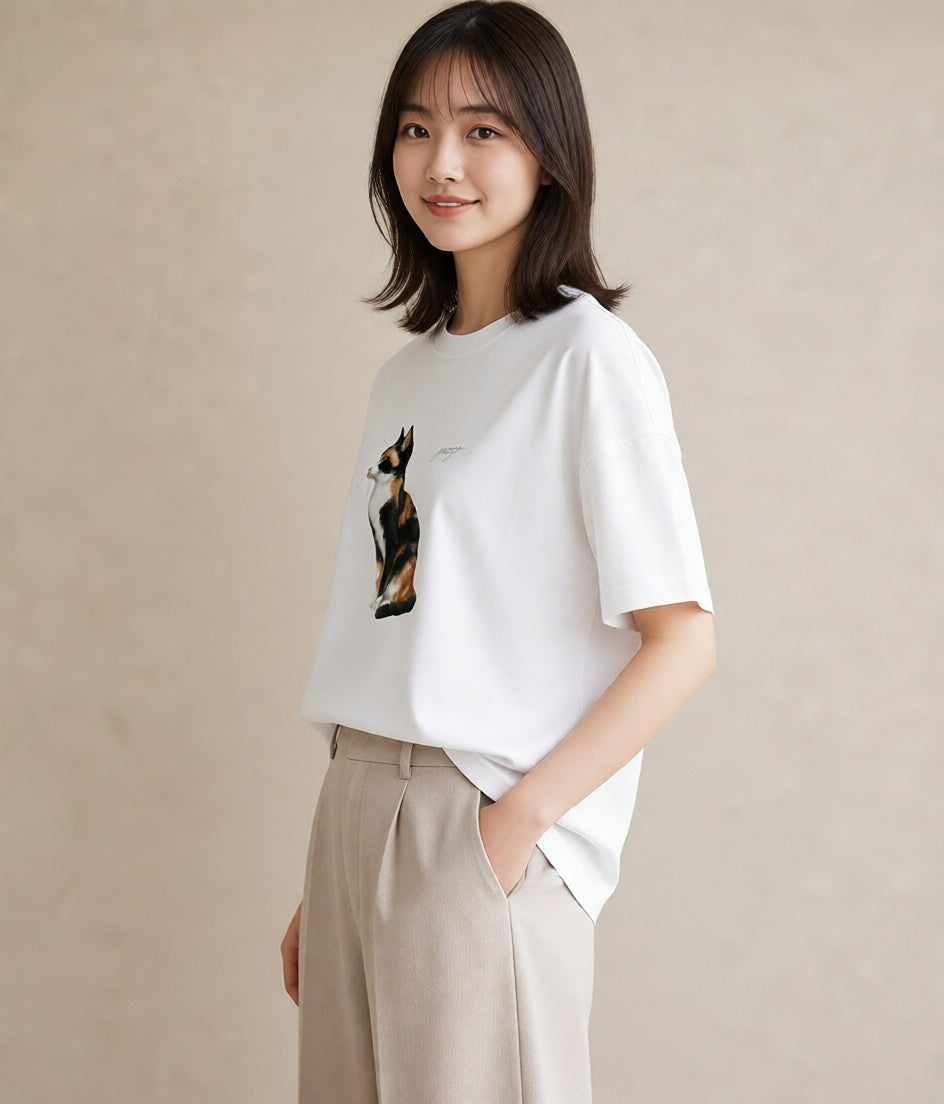 プリントTシャツ レディース シャム 猫 ねこ イラスト 韓国風 カジュアルコーデ 買い物 白T YMAZO