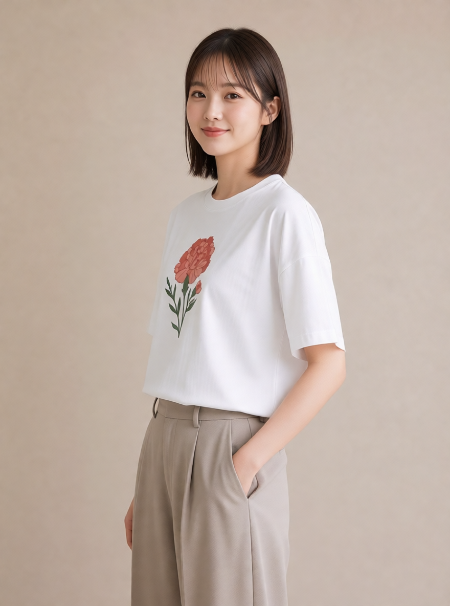 プリントTシャツ レディース カーネーション 花 花柄 イラスト 線画 通勤 在宅 白T