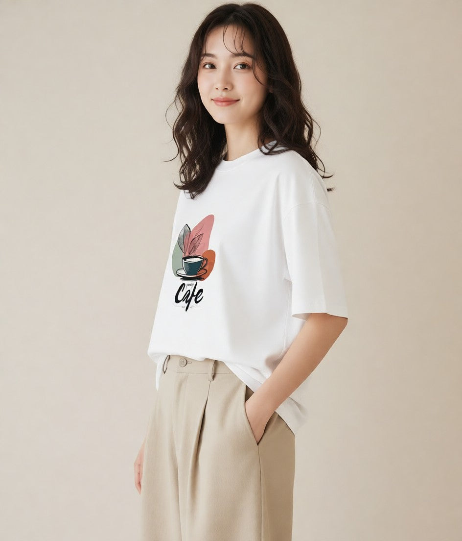 Tシャツ レディース カフェ カフェロゴ ロゴ イラスト ラフ レイヤード 白T YMAZO