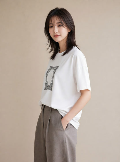 デザインTシャツ レディース 幾何学 ミニマル ジオメトリック イラスト シック 通学 誕生日プレゼント 白T YMAZO