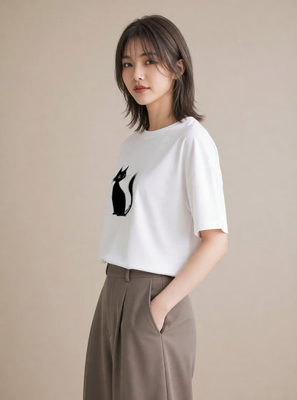 Tシャツ レディース 黒猫 猫 ねこ イラスト 上品 週末コーデ 敬老の日 白T YMAZO