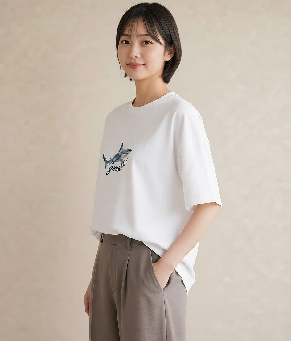 半袖Tシャツ レディース ジンベエザメ 海の生き物 海 イラスト 水彩風 ミセス 春コーデ 白T YMAZO