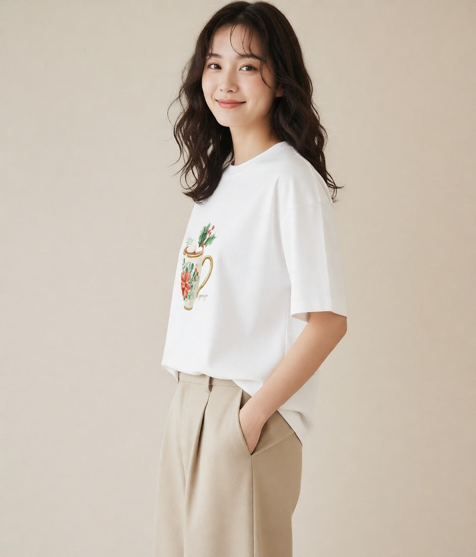 半袖Tシャツ レディース カフェラテ 食べ物 フード イラスト こなれ感 帰省 ラフ 白T YMAZO