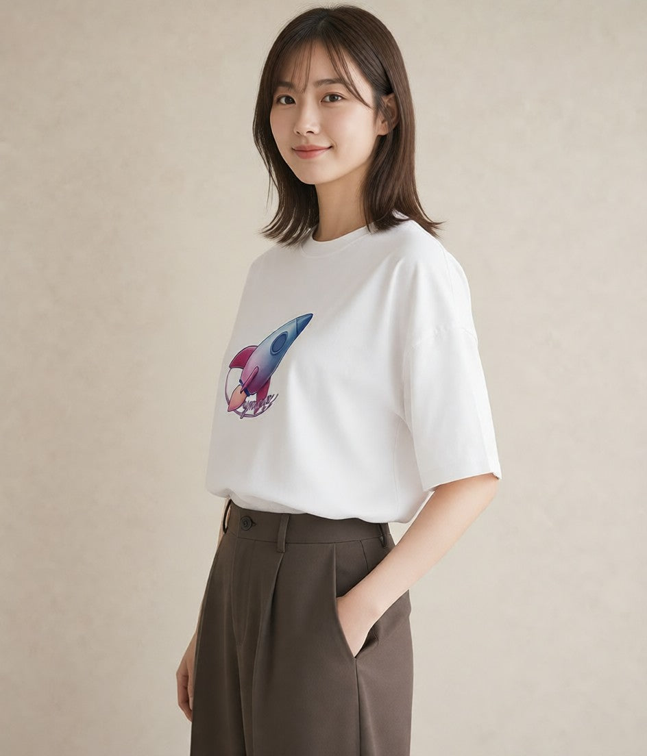 デザインTシャツ レディース ロケット 星空 宇宙 イラスト シック ギフト 母の日 白T YMAZO