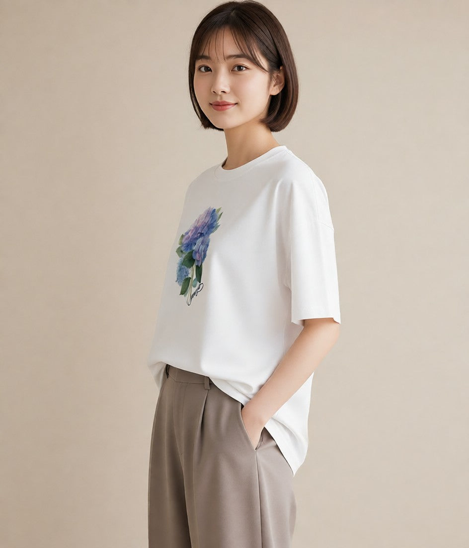 プリントTシャツ レディース あじさい 紫陽花 アジサイ 花 花柄 イラスト 夏コーデ 通学 白T YMAZO