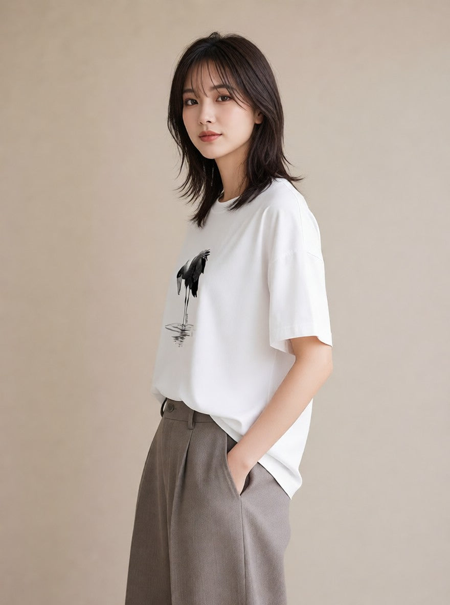 半袖Tシャツ レディース ハシビロコウ 動物 アニマル イラスト アート風 ママ カフェ服 白T YMAZO