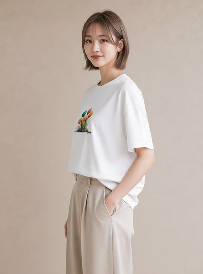 デザインTシャツ レディース チューリップ 花 花柄 イラスト ガーリー お出かけ 普段着 白T YMAZO
