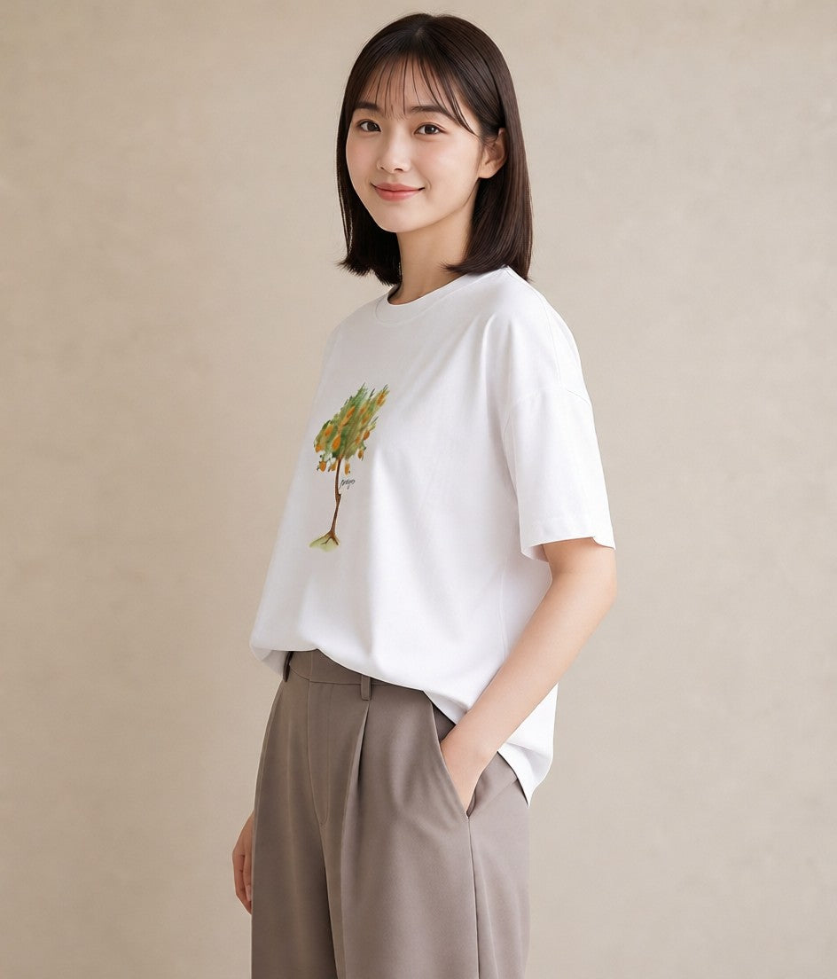 プリントTシャツ レディース みかん 食べ物 フード イラスト アート風 春コーデ 姉妹 白T YMAZO