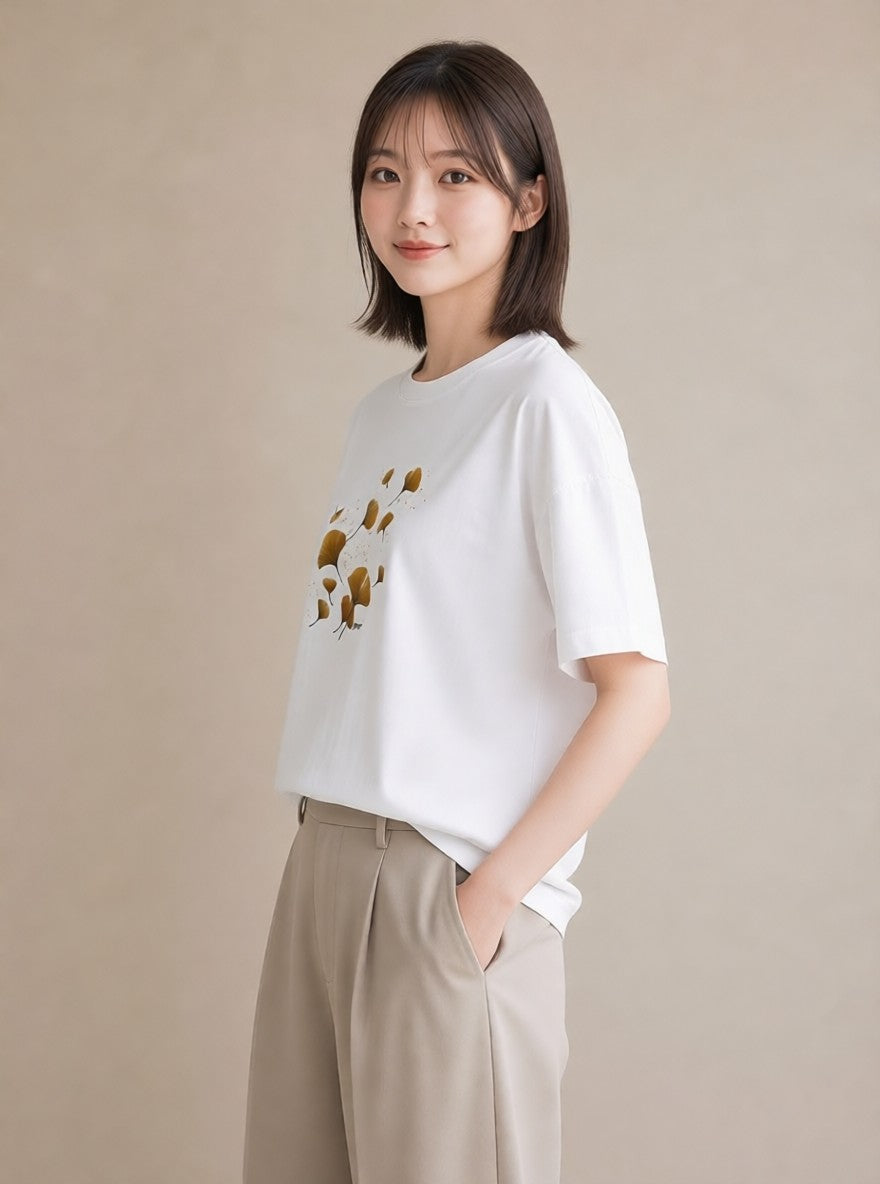 グラフィックTシャツ レディース 落ち葉 植物 ボタニカル イラスト ナチュラル 母の日 ビーチ 白T YMAZO