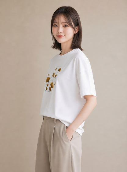 グラフィックTシャツ レディース 落ち葉 植物 ボタニカル イラスト ナチュラル 母の日 ビーチ 白T YMAZO