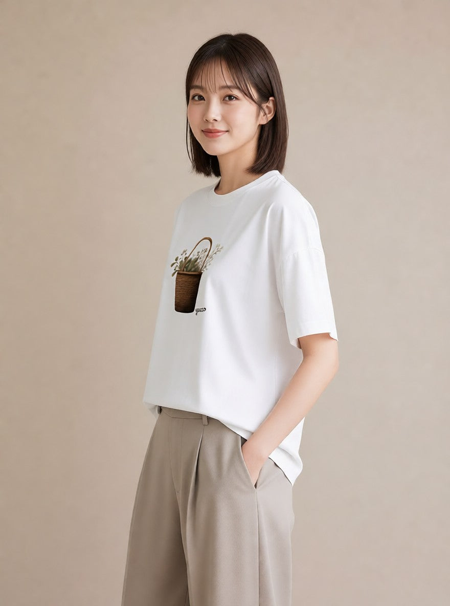 プリントTシャツ レディース 自転車のかご 自転車 花かご ナチュラル アンティーク イラスト 社会人 女性 白T YMAZO