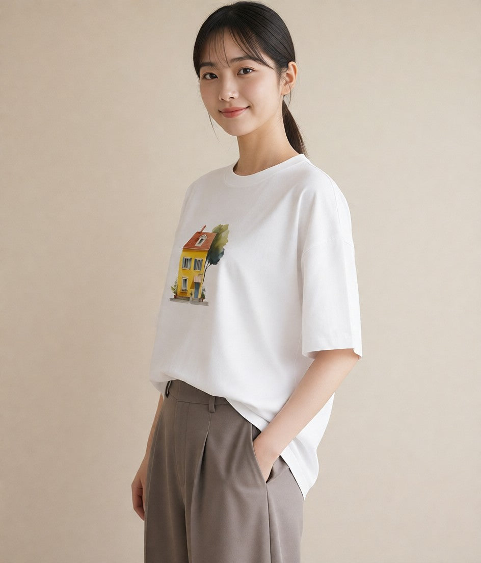 Tシャツ レディース 灯りの家 小屋 夜 ナチュラル アンティーク イラスト 上品 旅行 母娘コーデ 白T YMAZO