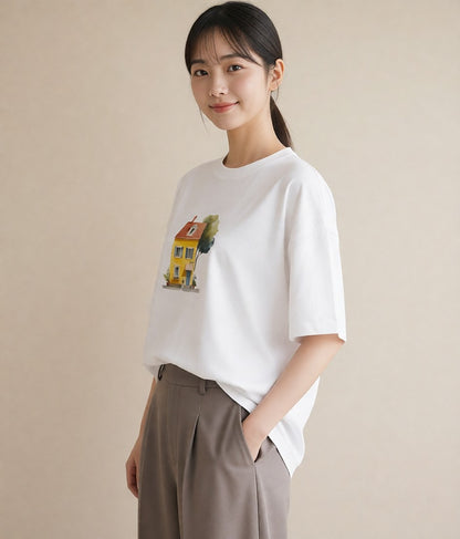 Tシャツ レディース 灯りの家 小屋 夜 ナチュラル アンティーク イラスト 上品 旅行 母娘コーデ 白T YMAZO