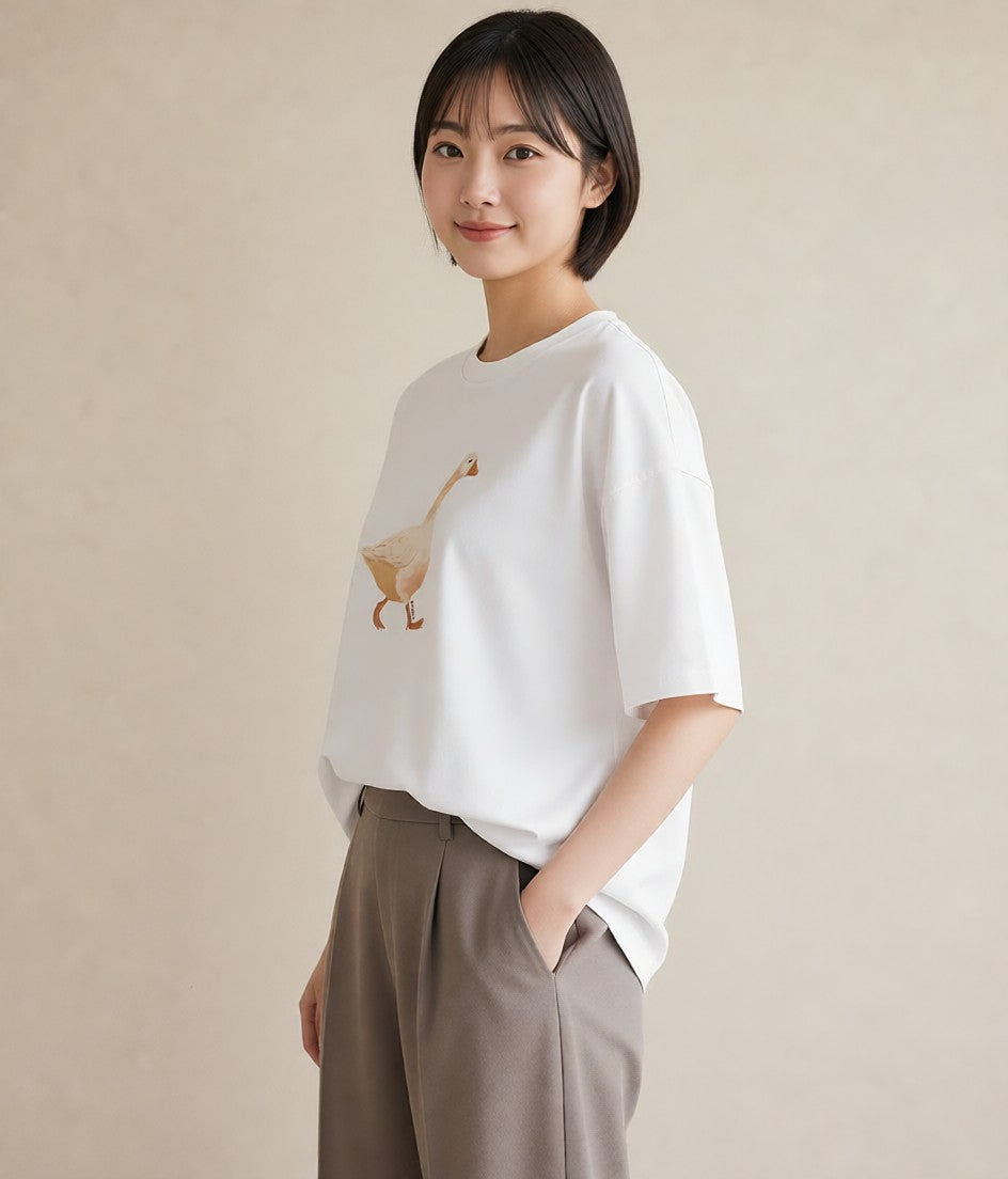 半袖Tシャツ レディース アヒル 動物 アニマル イラスト 普段使い 春コーデ 姉妹 白T YMAZO
