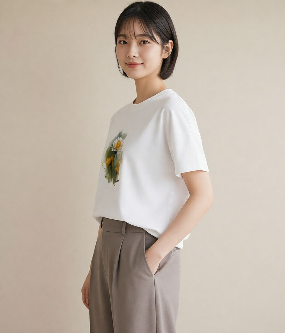 デザインTシャツ レディース たんぽぽ 花 花柄 イラスト ラフ 母の日 ビーチ 白T YMAZO