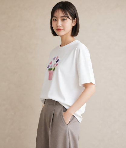 グラフィックTシャツ レディース パンジー 花 花柄 イラスト アート風 自分用 ルームウェア 白T