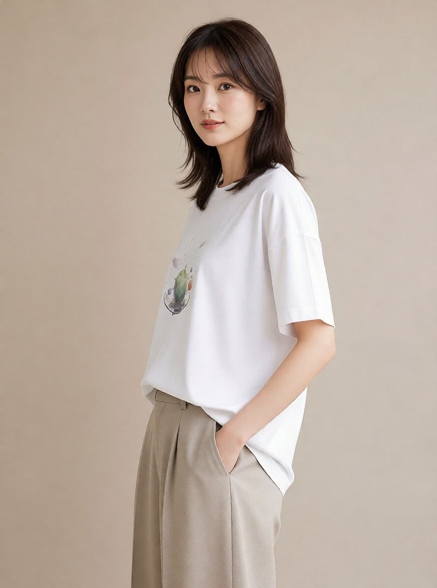 デザインTシャツ レディース プラネット 星空 宇宙 イラスト ナチュラル 買い物 夏コーデ 白T YMAZO