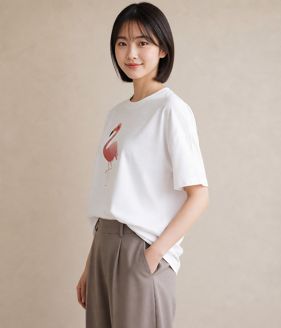 グラフィックTシャツ レディース フラミンゴ 動物 アニマル イラスト ヴィンテージ風 ホワイトデー 春服 白T YMAZO