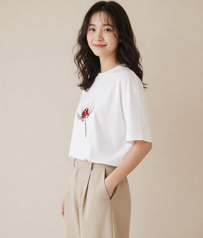 グラフィックTシャツ レディース 彼岸花 花 花柄 イラスト ヴィンテージ風 散歩 お出かけ 白T YMAZO