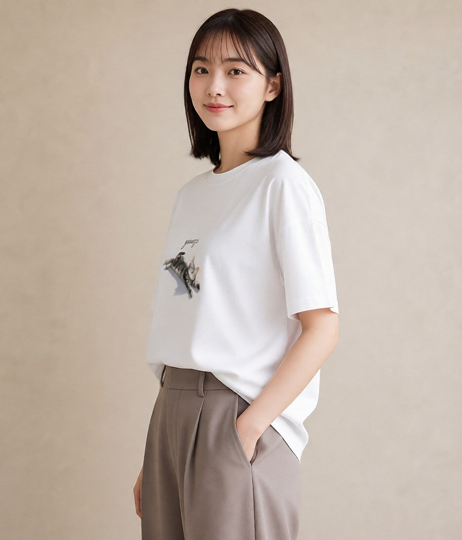 デザインTシャツ レディース 肉球 猫 ねこ イラスト カフェ巡り 女子会 白T YMAZO