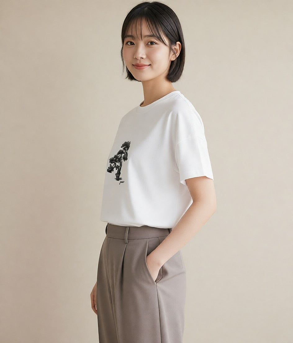 プリントTシャツ レディース 盆栽 植物 ボタニカル イラスト 個性的 女性向けギフト 散歩 白T YMAZO