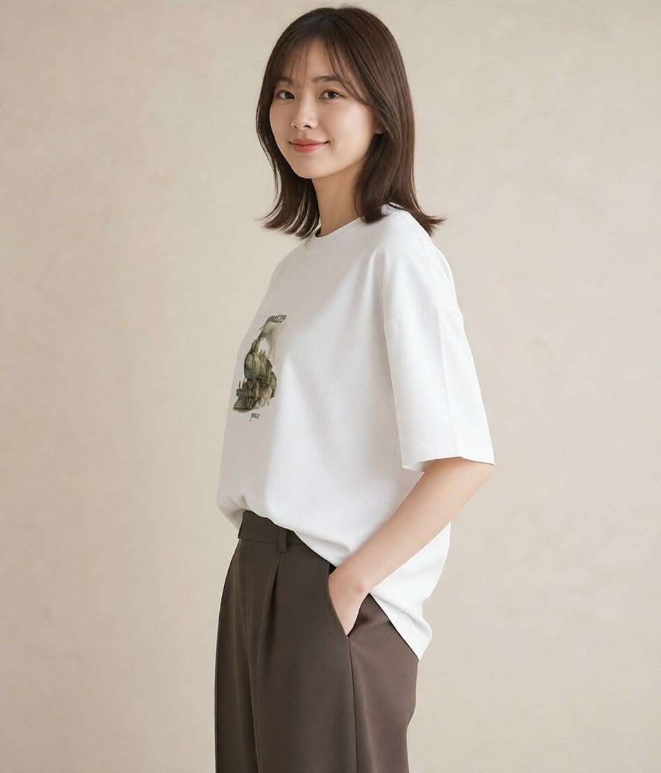 プリントTシャツ レディース 駅のホーム ローカル線 駅 ナチュラル アンティーク イラスト 個性的 お揃い 親子 白T YMAZO