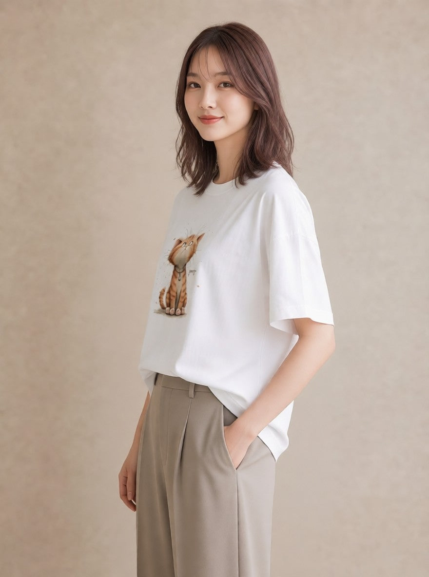 グラフィックTシャツ レディース 猫好き 猫 ねこ イラスト 旅行コーデ ラフ レイヤード 白T YMAZO