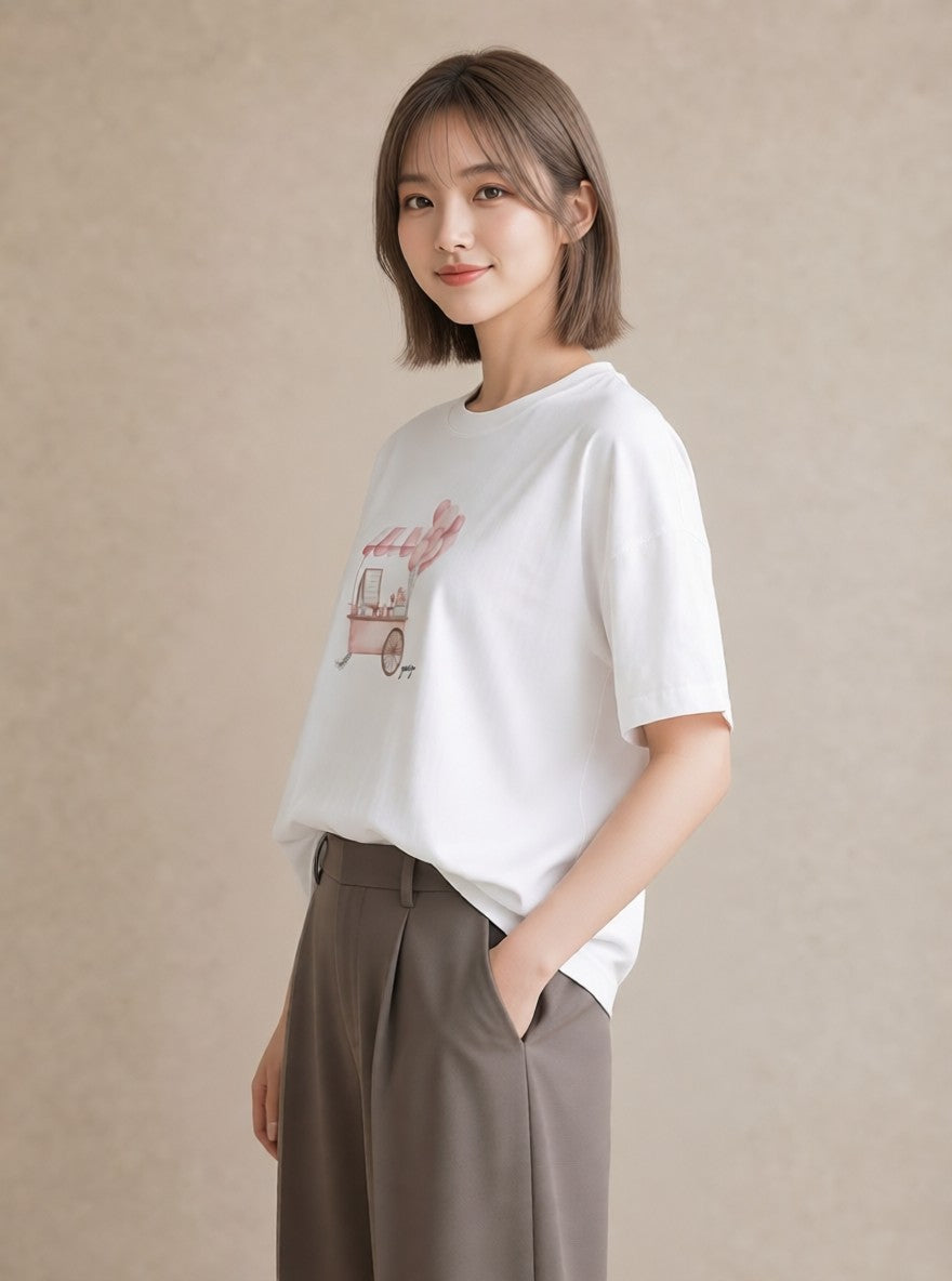 プリントTシャツ レディース わたあめ 食べ物 フード イラスト ゆるコーデ 友達ギフト 部屋着 白T YMAZO