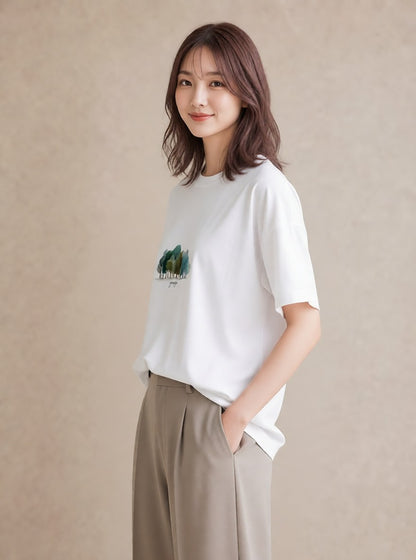 プリントTシャツ レディース 森 植物 ボタニカル イラスト ラフ 綿100 デート 白T YMAZO