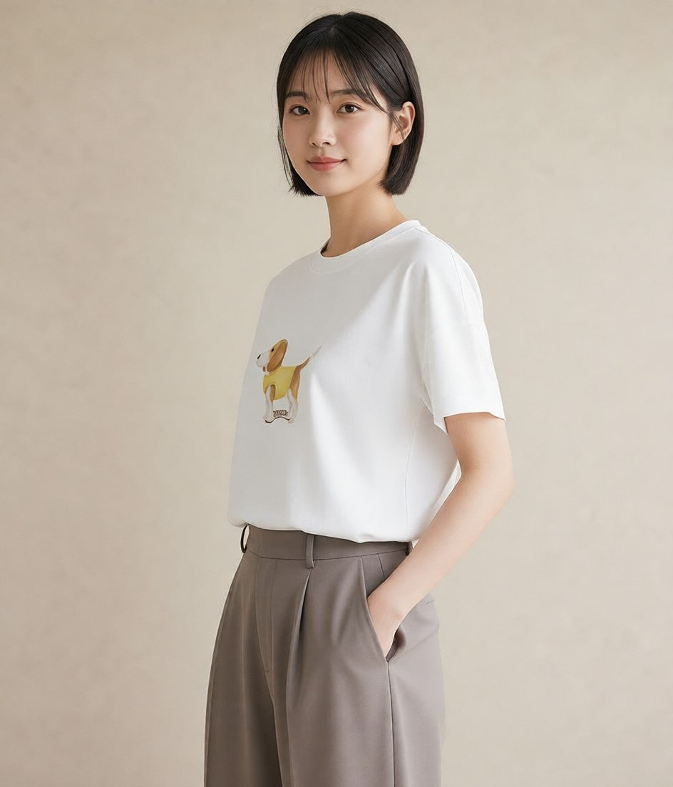 グラフィックTシャツ レディース 子犬 犬 いぬ イラスト モード お出かけ 普段着 白T YMAZO