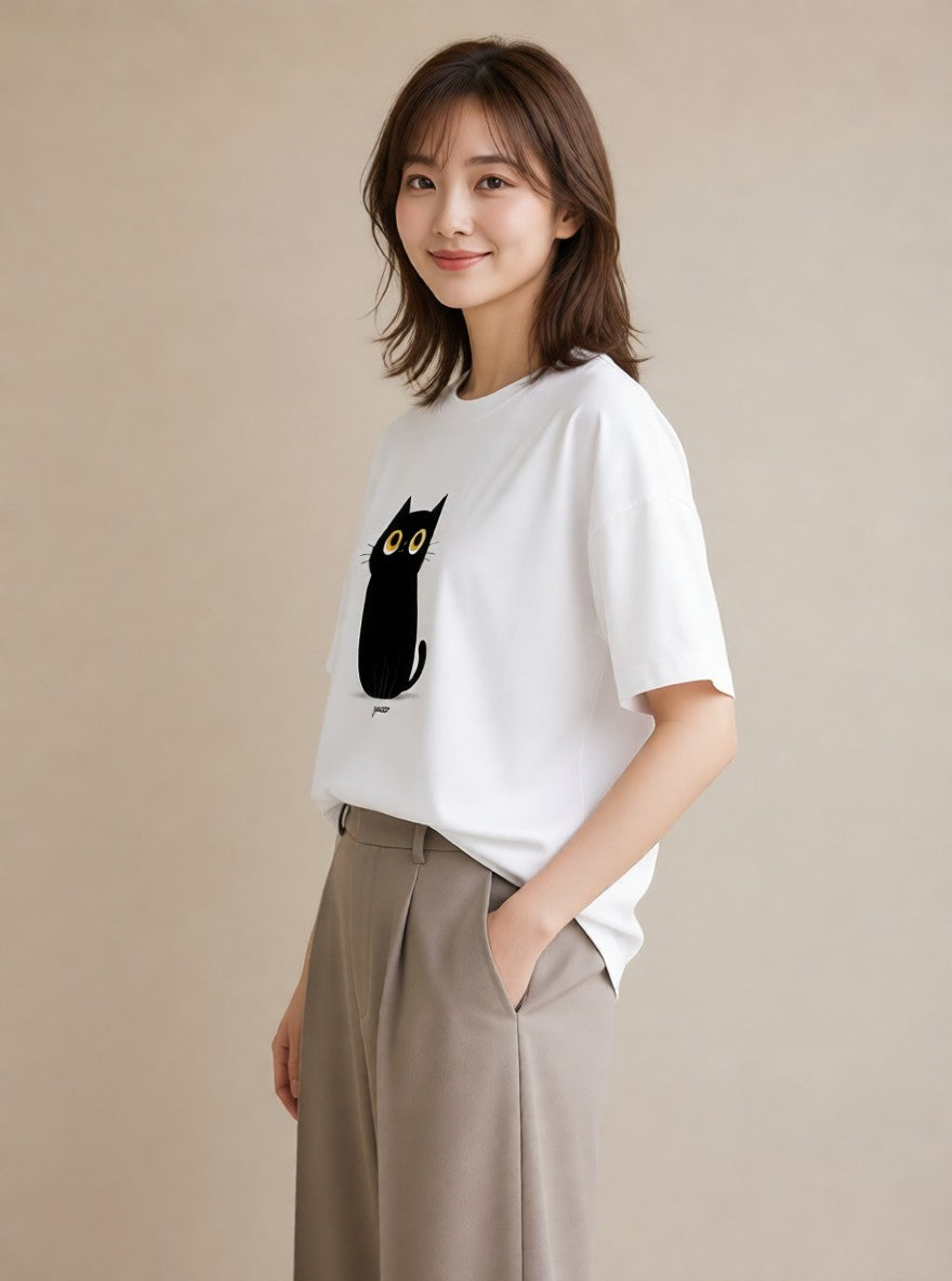 グラフィックTシャツ レディース 黒猫 猫 ねこ イラスト 上品 クリスマス 旅行 白T YMAZO