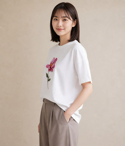 グラフィックTシャツ レディース コスモス 秋桜 花 花柄 イラスト ガーリー 社会人 女性 白T YMAZO