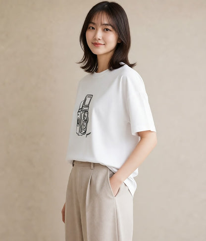 半袖Tシャツ レディース カメラ フィルムカメラ レトロカメラ イラスト 北欧風 おしゃれギフト 社会人 白T YMAZO