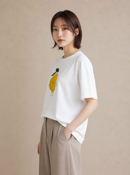 半袖Tシャツ レディース レモン 檸檬 食べ物 フード イラスト お洒落 誕生日プレゼント 綿100 白T YMAZO