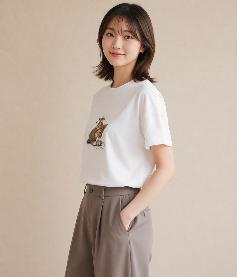 デザインTシャツ レディース 子猫 猫 ねこ イラスト 韓国風 誕生日プレゼント 綿100 白T YMAZO