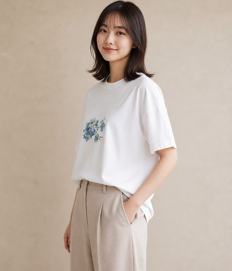 プリントTシャツ レディース あさがお 朝顔 花 花柄 イラスト ミセス 春コーデ 白T