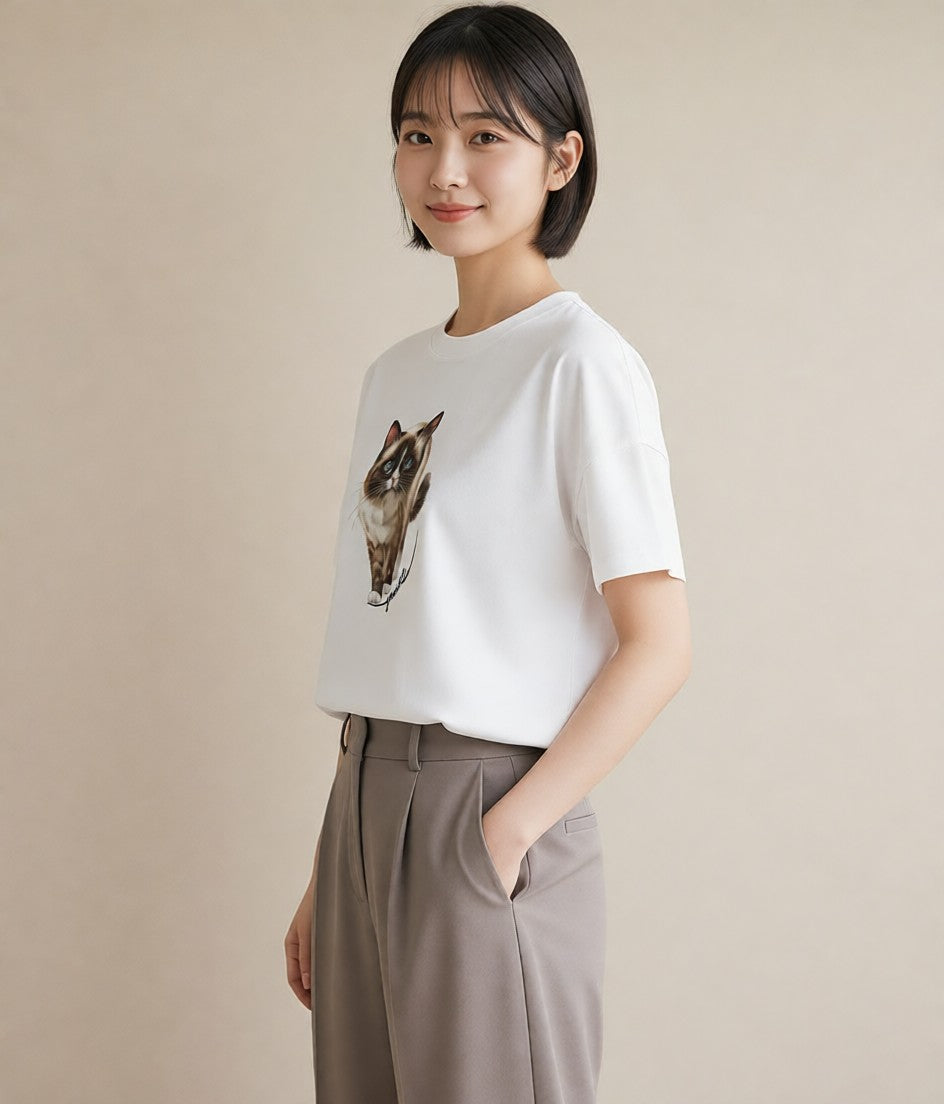 Tシャツ レディース ブリティッシュショートヘア 猫 ねこ イラスト 線画 親子 20代 白T YMAZO