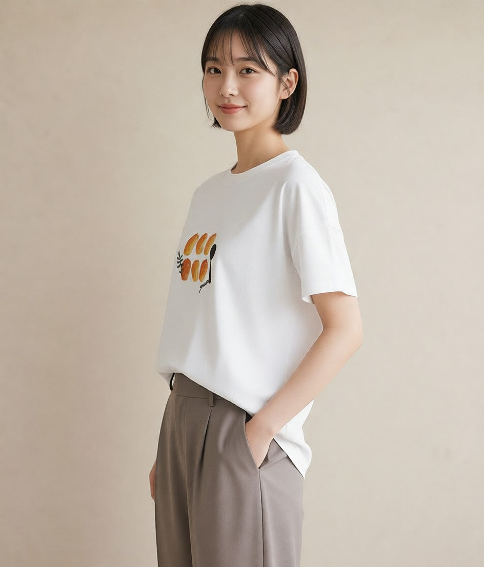 Tシャツ レディース プリン 食べ物 フード イラスト ボタニカル 旅行用 海 白T YMAZO