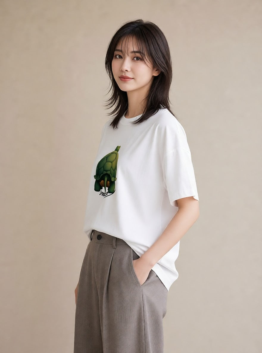 Tシャツ レディース ゼニガメ ペット 動物 イラスト フェミニン ミセス 春コーデ 白T YMAZO