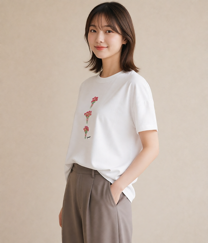 プリントTシャツ レディース カーネーション 花 花柄 イラスト カジュアル 在宅 公園 白T