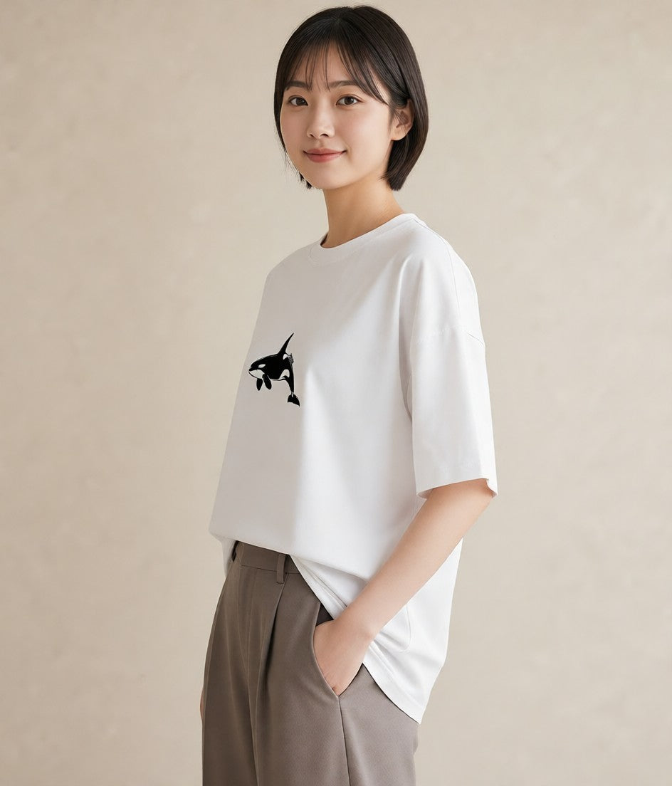 グラフィックTシャツ レディース シャチ 海の生き物 海 イラスト 韓国風 週末コーデ 敬老の日 白T YMAZO