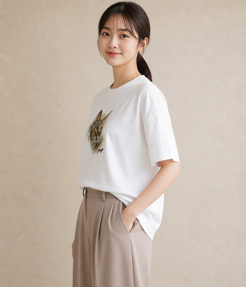 プリントTシャツ レディース アビシニアン 猫 ねこ イラスト 上品 秋コーデ おしゃれギフト 白T YMAZO