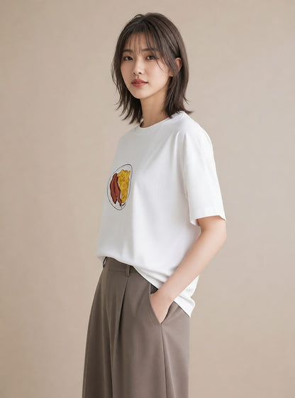 半袖Tシャツ レディース たまご 食べ物 フード イラスト フェミニン 通学 誕生日プレゼント 白T YMAZO