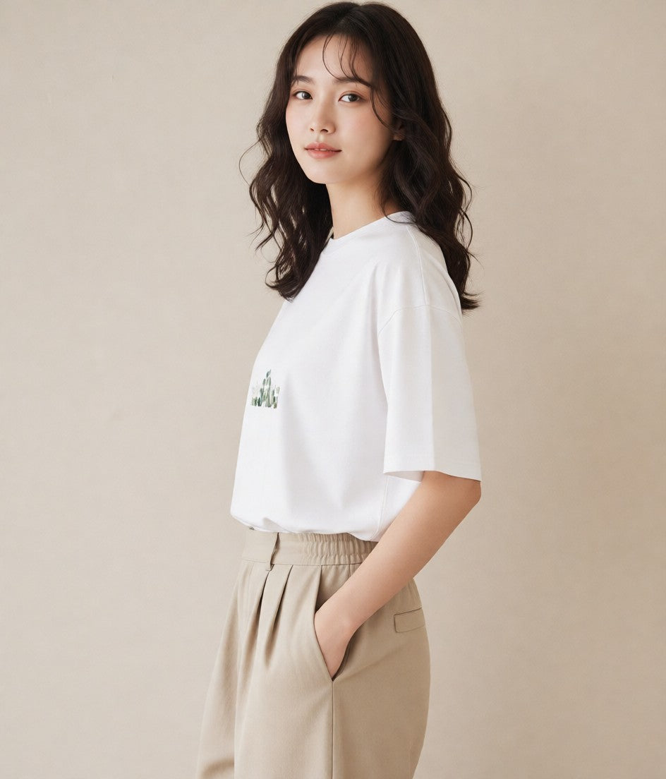 デザインTシャツ レディース ユーカリ 植物 ボタニカル イラスト 韓国風 ママ カフェ服 白T YMAZO